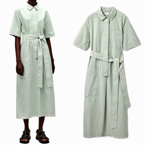 NWT COS Cotton Long Belted Midi Shirt Dress Chalk Green Size 12